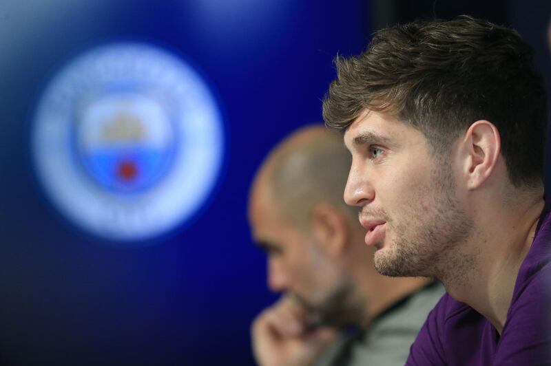 Manchester City's English defender John Stones attends a press conference at City Football Academy in Manchester, north west England on April 16, 2019, the eve of their UEFA Champions League quarter final second leg football match against Tottenham Hotspur.  / AFP / Lindsey PARNABY
