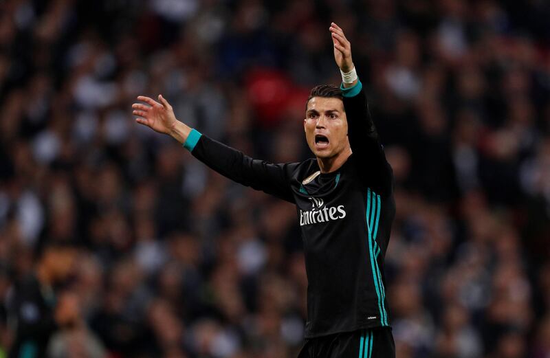 Cristiano Ronaldo protests to the referee during Real Madrid's 3-1 defeat to Tottenham Hotspur in the Uefa Champions League on Wednesday. John Sibley / Reuters
