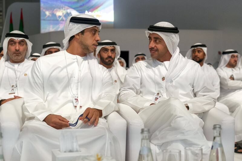 ABU DHABI, UNITED ARAB EMIRATES - September 26, 2017: HH Sheikh Abdullah bin Zayed Al Nahyan, UAE Minister of Foreign Affairs and International Cooperation (R) and HH Sheikh Mansour bin Zayed Al Nahyan, UAE Deputy Prime Minister and Minister of Presidential Affairs (L), attend the launch of the Mars Scientific City Project during the UAE Government annual meeting, at The St Regis Saadiyat Island Resort.



( Rashed Al Mansoori / Crown Prince Court - Abu Dhabi )
---