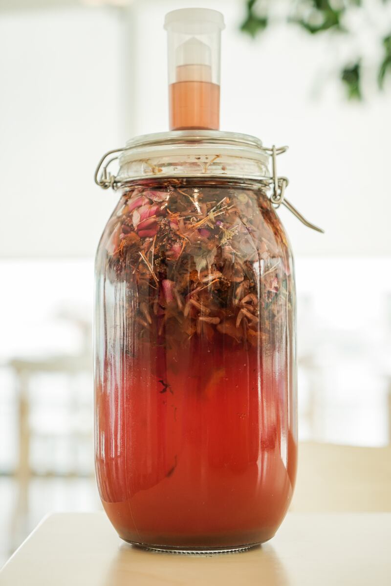 Foraged flower vinegar at Teible run by chef Carlos Frunze De Garza, an advocate of fermented foods. Photo: Teible 