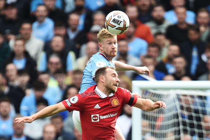 Kevin De Bruyne 9: Saw shot well saved as City threatened in opening few minutes, dragged another chance well wide and then saw De Gea fingertip shot from edge of box over. Assisted first two Haaland goals as City swamped United in first half. EPA