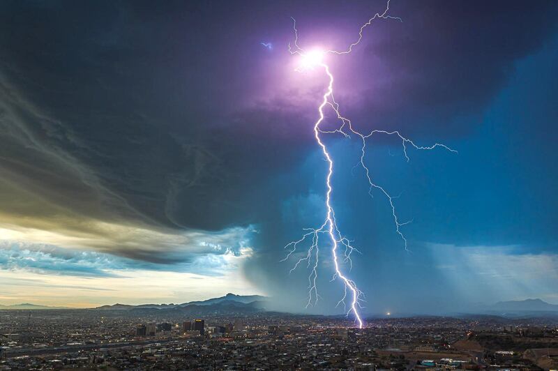 Predawn thunderstorm over El Paso, Texas, United States.