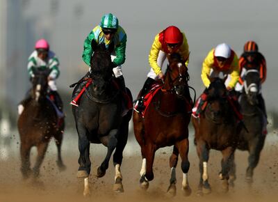 DUBAI, UNITED ARAB EMIRATES - MARCH 07:  A general view of the action from Mahab Al Shimall during the Dubai World Cup Carnival Races - Super Saturday at Meydan Racecourse on March 07, 2020 in Dubai, United Arab Emirates. (Photo by Francois Nel/Getty Images)