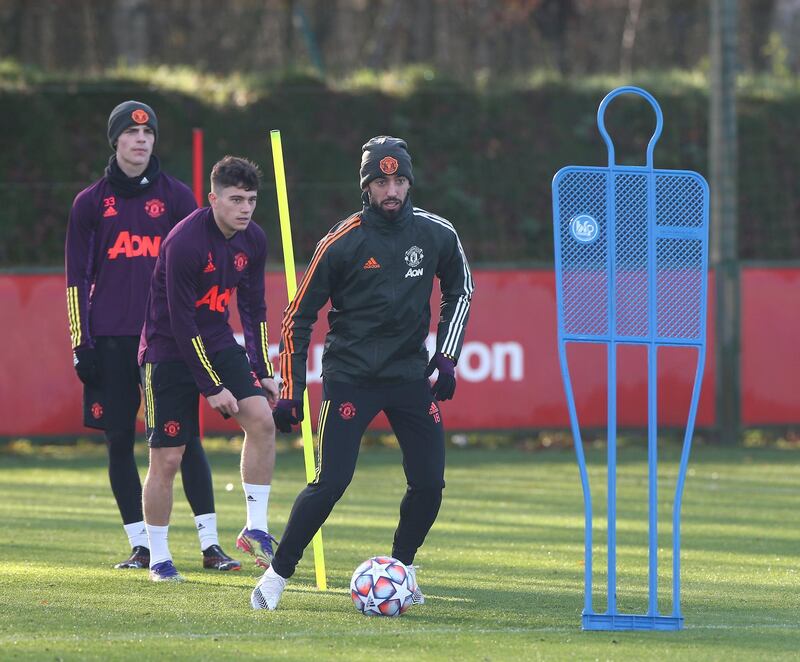 MANCHESTER, ENGLAND - NOVEMBER 23: Bruno Fernandes of Manchester United in action during a first team training session ahead of the UEFA Champions League Group H stage match between Manchester United and Ä°stanbul Basaksehir at Aon Training Complex on November 23, 2020 in Manchester, England. (Photo by Matthew Peters/Manchester United via Getty Images)