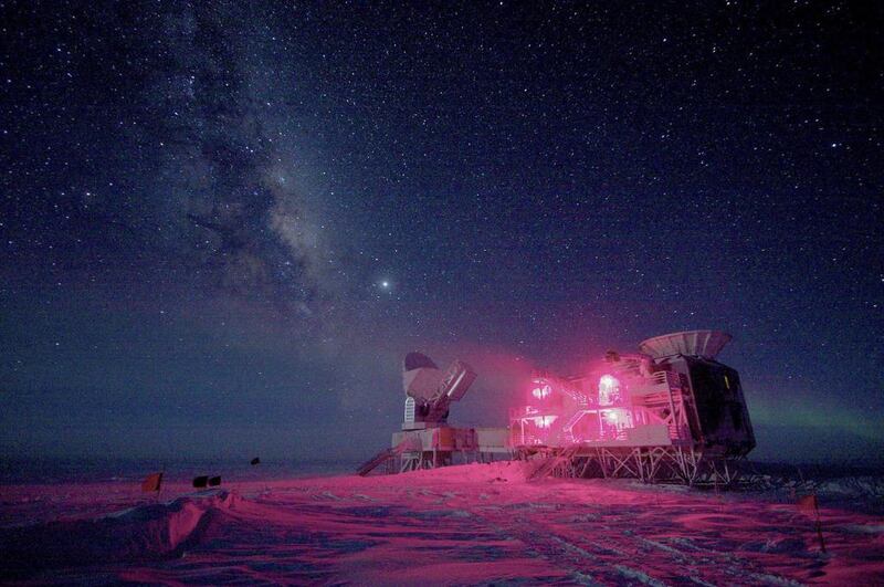 The 10-meter South Pole Telescope and the (Background Imaging of Cosmic Extragalactic Polarization) Telescope at Amundsen-Scott South Pole Station. Keith Vanderlinde / National Science Foundation / Reuters