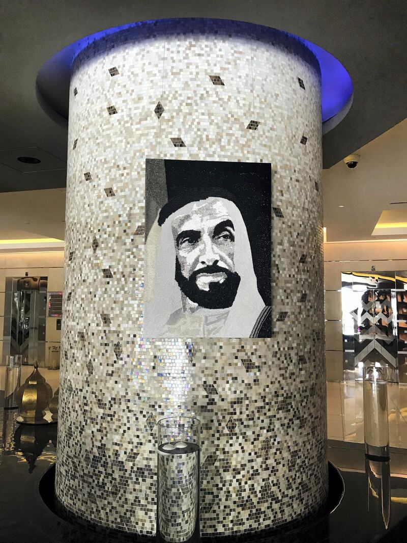 Artist Natalie Daghestani has created a 'crystyled' portrait of Sheikh Zayed, the Founding Father. Courtesy Fairmont Dubai