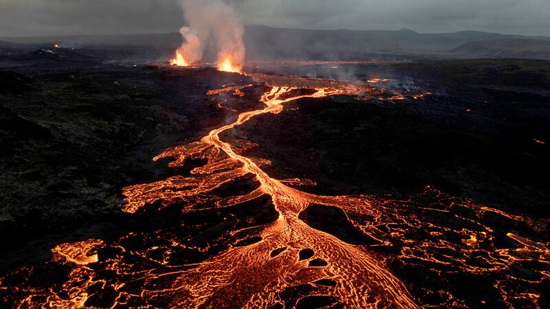 Lava flows from the Sundhnuks volcano on the Reykjanes peninsula near Grindavik, Iceland. The volcano, located in south-west Iceland, erupted on May 29, cutting electricity to Grindavik and forcing the evacuation hundreds of guests at the nearby Blue Lagoon geothermal spa. The volcano has erupted five times since December. Getty Images