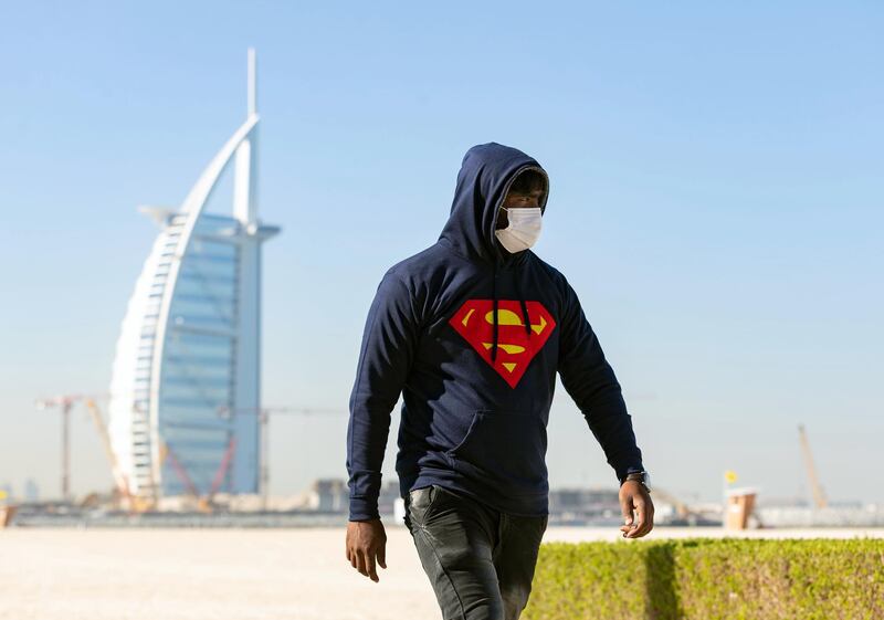 Dubai, United Arab Emirates - Reporter: N/A. News. Weather. A man walks along the beach with a hoodie on as the colder weather sets in. Dubai. Tuesday, January 5th, 2021. Chris Whiteoak / The National