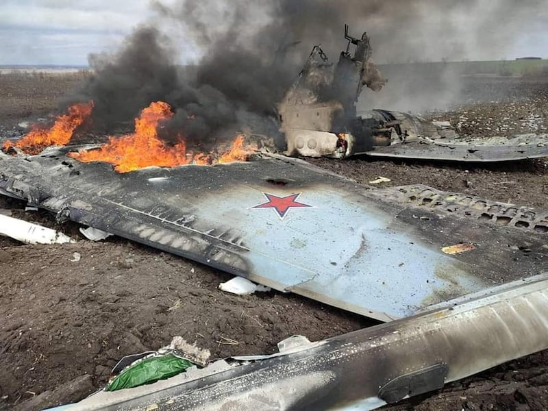 The remains of a Russian Su-35 aircraft that was hit by the Ukrainian armed forces in Kharkiv. Reuters