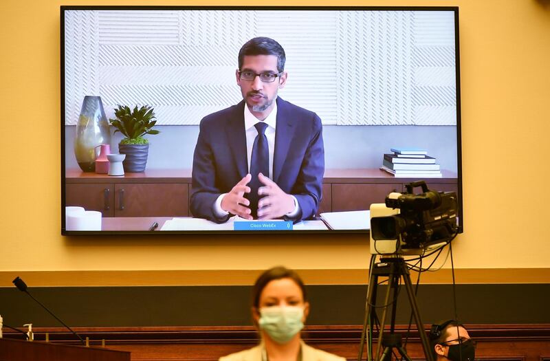 Sundar Pichai speaks via video conference. Bloomberg