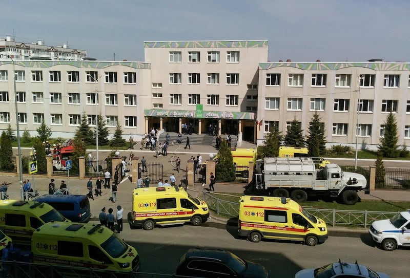 Ambulances are seen outside School No. 175 following a recent shooting in Kazan, Russia. Reuters
