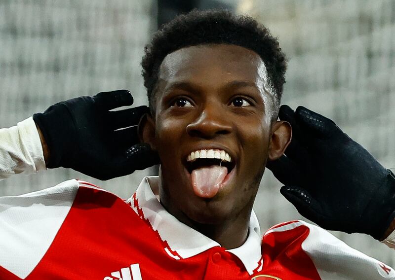 Eddie Nketiah celebrates scoring Arsenal's third goal in the 3-2 Premier League victory against Manchester United at the Emirates Stadium on January 22, 2023. Action Images