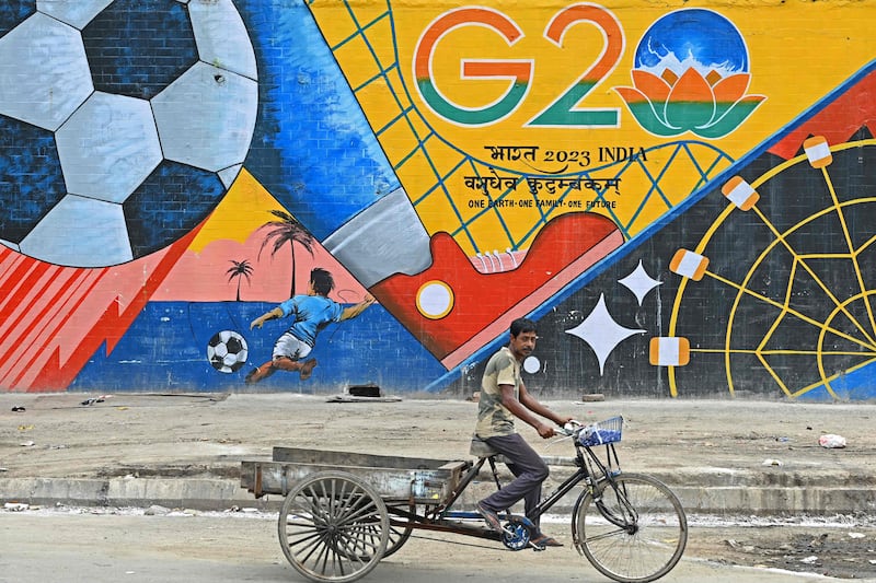 India's G20 summit logo depicted in a wall mural in New Delhi. AFP