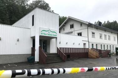 The Al Noor Islamic Centre mosque in Sandvika, Norway is cordoned off after a shooting on August 10, 2019. Reuters