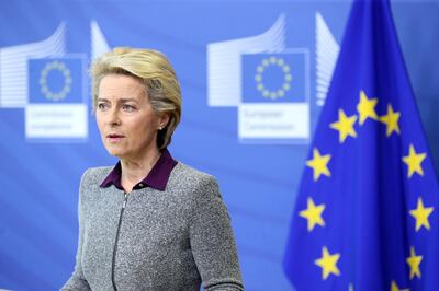 epa08628499 President of the European Commission Ursula von der Leyen addresses a press conference following the resignation of the EU trade commissioner, in Brussels, Belgium, 27 August 2020. EU trade commissioner Phil Hogan, a key figure in Brexit talks and one of the bloc's most senior officials, resigned on 26 August after Ireland accused him of breaching coronavirus guidelines.  EPA/FRANCOIS WALSCHAERTS / POOL