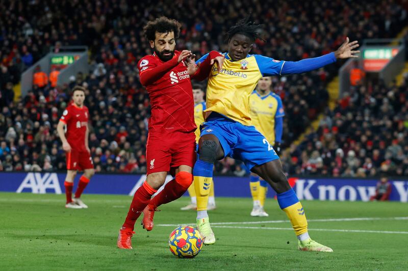 Liverpool attacker Mohamed Salah battled for possession with Southampton's Mohammed Salisu. Reuters