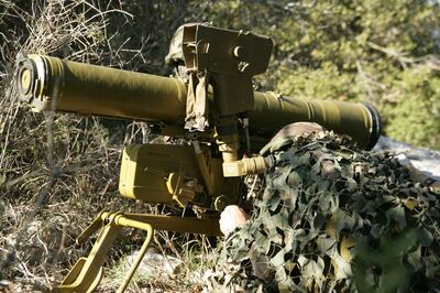 Hezbollah fighters aiming a Kornet anti-tank guided missile in the south of Lebanon. AFP