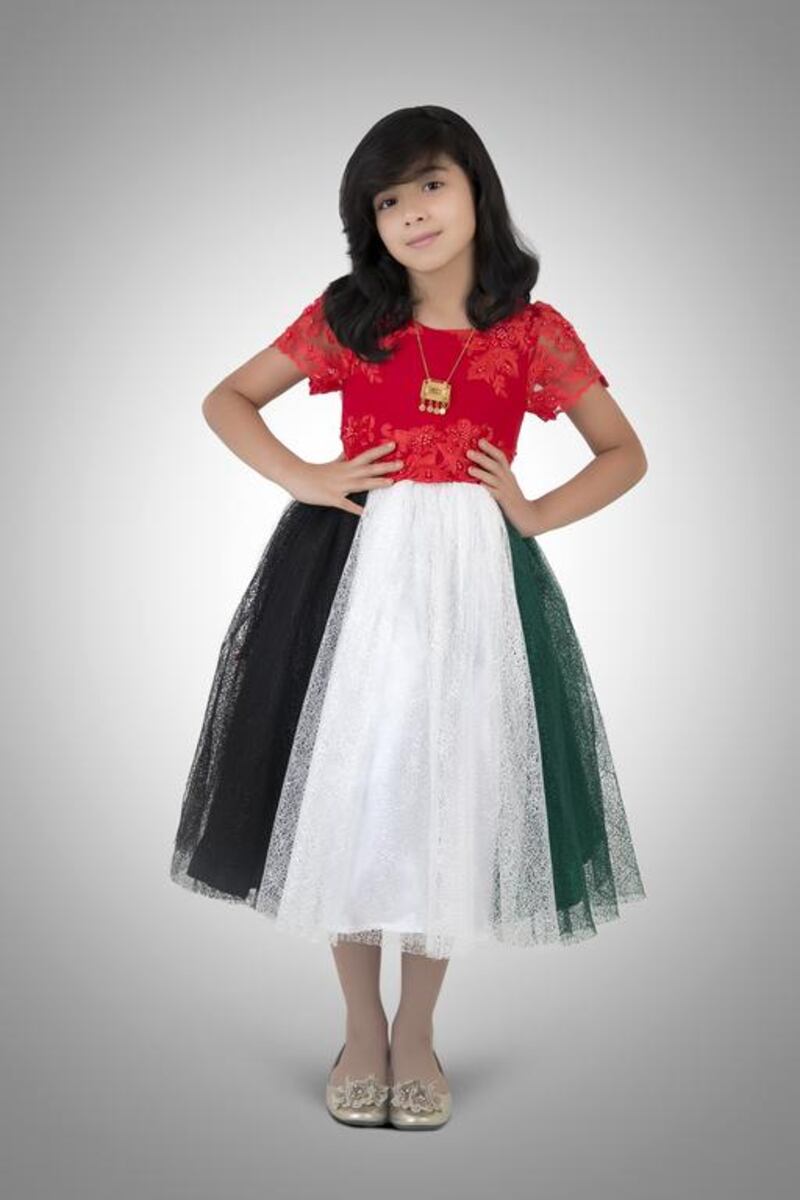  Ghofran Abbad, 8, weare designer Aisha Al Mamari ‘s UAE flag collection for children. Courtesy Stylish