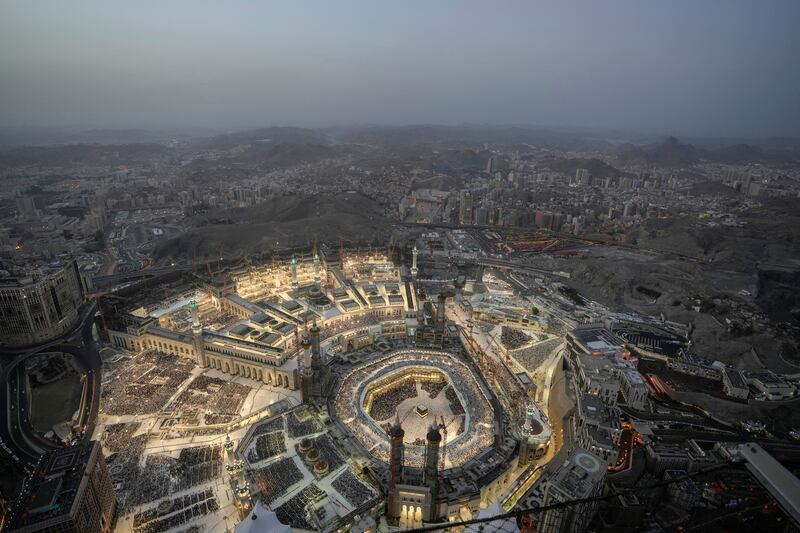 A general view of the Grand Mosque is seen from the Clock Tower during the Hajj pilgrimage in the Muslim holy city of Mecca, Saudi Arabia, Thursday, June 22, 2023.  Mecca is Islam's holiest city and a focal point for the faith's followers.  But it's also a place where around 2 million people live, work, and do everyday activities like laundry, grocery shopping, homework, putting the trash out and paying the bills.  Traffic, the population and prices balloon during the peak Ramadan and Hajj seasons.  (AP Photo / Amr Nabil)