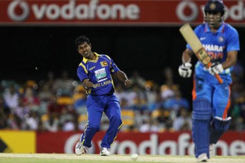 Nuwan Kulasekara celebrates taking the wicket of Ravindra Jadeja in Brisbane on Tuesday.