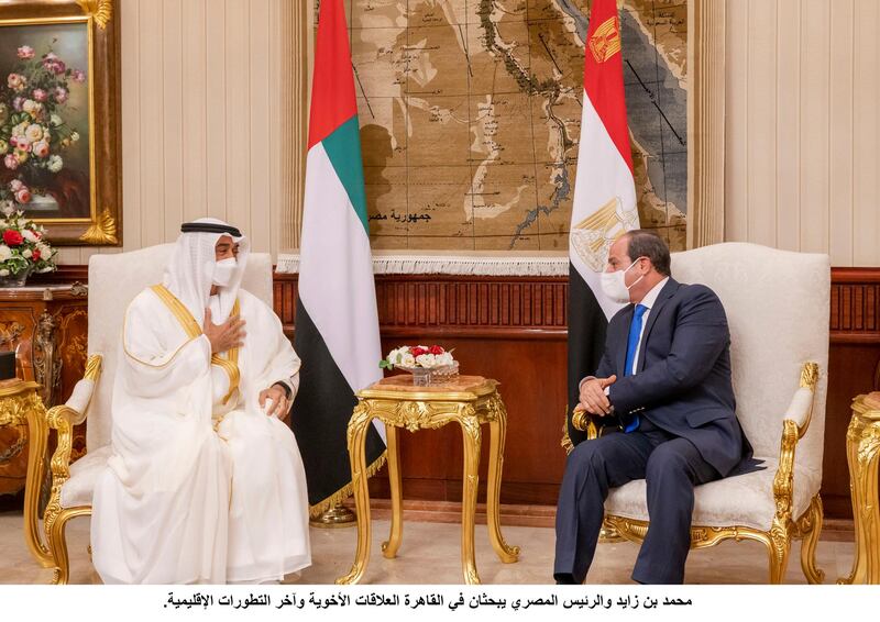 Sheikh Mohamed bin Zayed and President Abdel Fattah El Sisi hold talks in Cairo. Courtesy: Ministry of Presidential Affairs