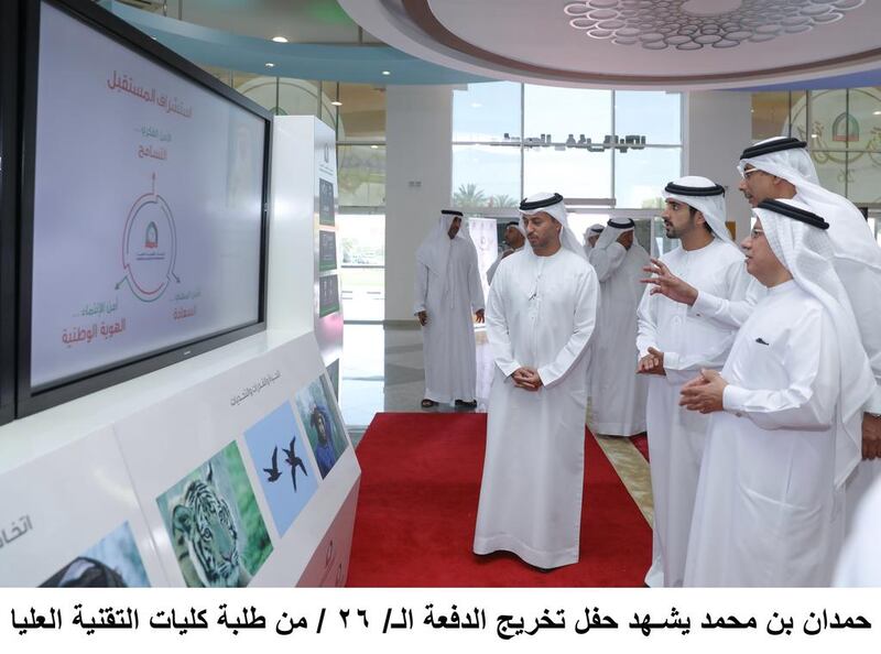 Sheikh Hamdan bin Mohammed, Crown Prince of Dubai, on Wednesday is given a tour of the Higher Colleges of Technology buildings in Dubai before attending the graduation ceremony. Wam
