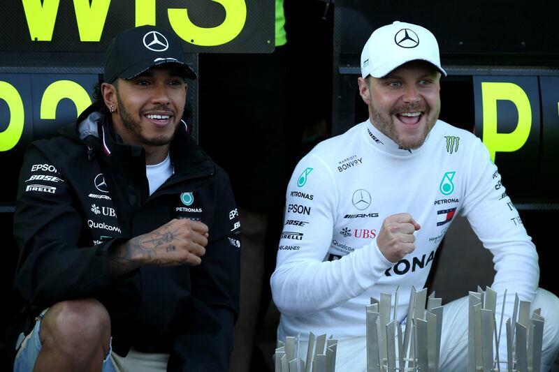 BAKU, AZERBAIJAN - APRIL 28: Race winner Valtteri Bottas of Finland and Mercedes GP and second placed Lewis Hamilton of Great Britain and Mercedes GP celebrate with their team after the F1 Grand Prix of Azerbaijan at Baku City Circuit on April 28, 2019 in Baku, Azerbaijan. (Photo by Charles Coates/Getty Images)