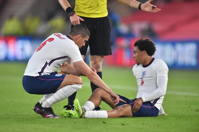 England's Trent Alexander-Arnold on the floor after sustaining an injury against Austria. EPA