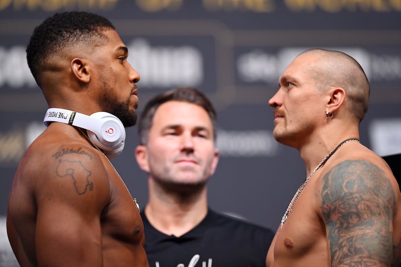 Anthony Joshua and Oleksandr Usyk face off during their weigh in. Getty Images