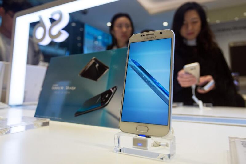 A Samsung Galaxy S6 smartphone sits on display during a launch event in Hong Kong. Jerome Favre / Bloomberg