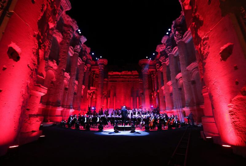 Musicians from the Lebanese Philharmonic Orchestra perform during a concert in the ancient northeastern city of Baalbek, Lebanon. AP Photo
