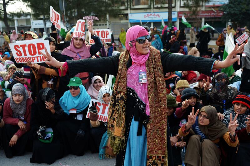 Pakistani supporters of Canadian-Pakistani cleric Tahir-ul Qadri chant slogans during a protest march in Islamabad on January 15, 2013. Police fired tear gas on protesters in Islamabad as clashes erupted with followers of a cleric who led a march on the city demanding a peaceful "revolution" and the dissolution of parliament. AFP PHOTO/ Farooq NAEEM
 *** Local Caption ***  259948-01-08.jpg