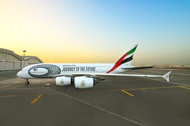 Emirates has today revealed a new custom A380 livery dedicated to Dubai’s newest architectural icon and centre for pioneering concepts and ideas, the Museum of the Future. Photo: Emirates