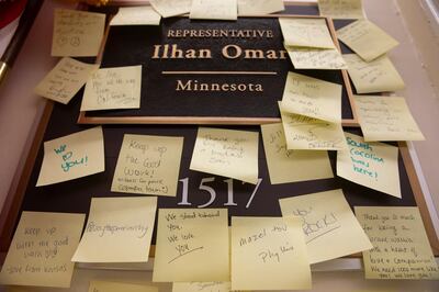 epa07364455 Post-it Notes of support for Democratic Representative of Minnesota Ilhan Omar hang on her office nameplate at her Longworth House Office Building in Washington, DC, USA, 12 February 2019. Omar apologized for statements condemned as anti-semitic by both Democratic and Republican colleagues.  EPA/ERIK S. LESSER