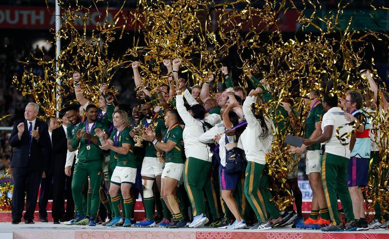 Rugby Union - Rugby World Cup - Final - England v South Africa - International Stadium Yokohama, Yokohama, Japan   South Africa's Siya Kolisi lifts the Webb Ellis Cup as they celebrate winning the world cup final. REUTERS