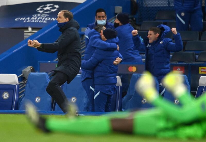 Thomas Tuchel celebrates after Mason Mount scored Chelsea's second goal against Real Madrid. AFP