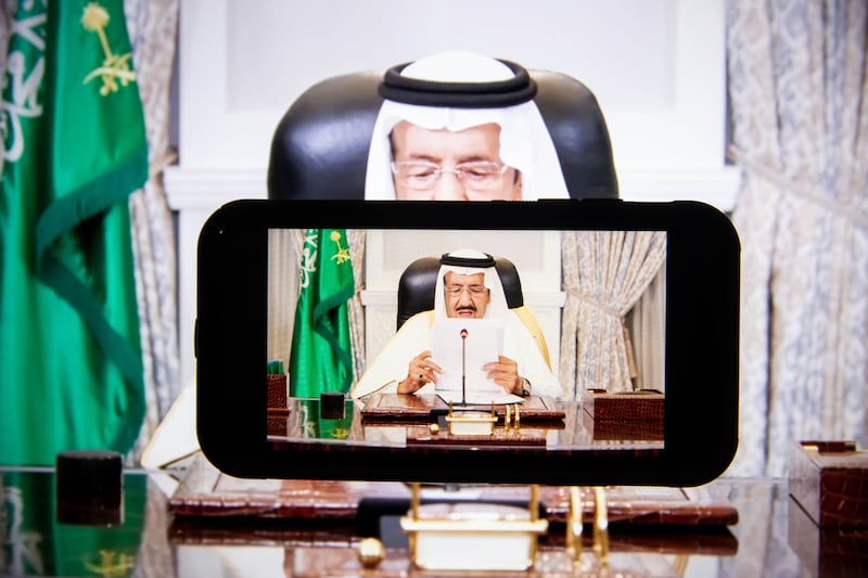 Saudi Arabia's King Salman bin Abdulaziz speaks in a prerecorded video during the United Nations General Assembly in New York. Bloomberg
