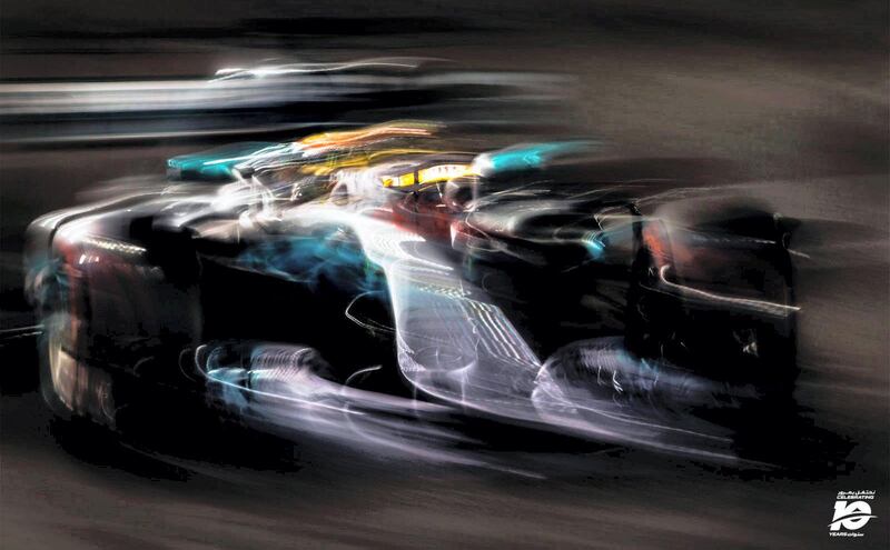 Lewis Hamilton in 2017.  I’ve always enjoyed photographing F1 cars at very slow shutter speeds, Heath says. It’s a tricky technique to master but when one gets the smooth motion of the camera and lens perfectly matched to the velocity of the car in frame the results - especially under Yas Marina Circuit’s floodlights - can be wonderful.