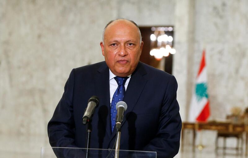 Egyptian Foreign Minister Sameh Shoukry speaks after meeting with Lebanon's President Michel Aoun at the presidential palace in Baabda, Lebanon April 7, 2021. REUTERS/Mohamed Azakir