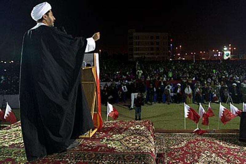 Sheikh Ali Salman, head of Al Wefaq, Bahrain’s main opposition party, delivers a speech during an anti-government rally in Budaiya, a suburb of Manama on Saturday.