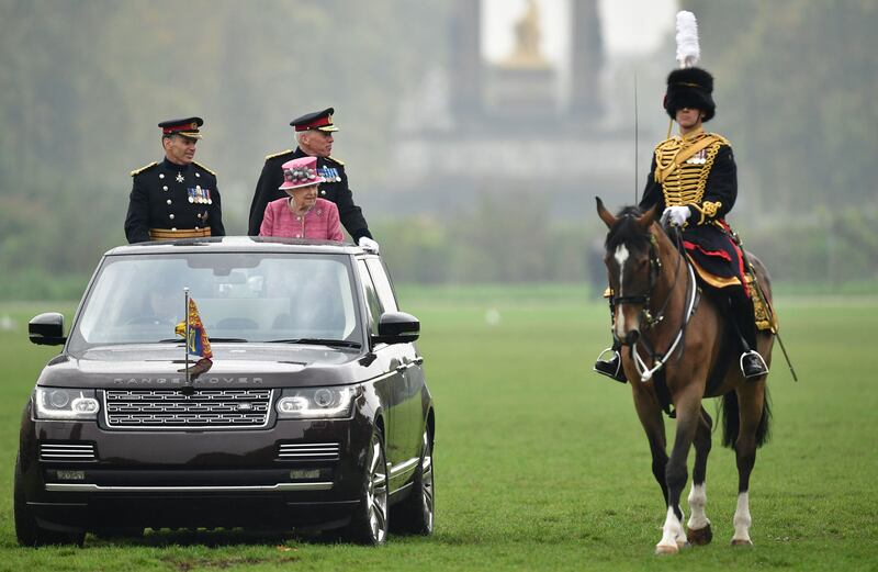 Queen Elizabeth arriving in Hyde Park in London to mark the 70th anniversary of the King's Troop Royal Horse Artillery in October 2017. PA 