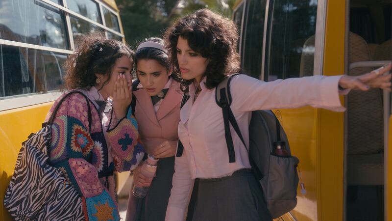 From left, Sarah Youseff, Raneem Haitham and Kira Yaghnam star in the returning AlRawabi School for Girls. Photo: Netflix