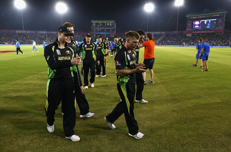 MOHALI, INDIA - MARCH 27:  Steve Smith and David Warner of Australia leave the ground after the ICC WT20 India Group 2 match between India and Australia at I.S. Bindra Stadium on March 27, 2016 in Mohali, India.  (Photo by Ryan Pierse/Getty Images)