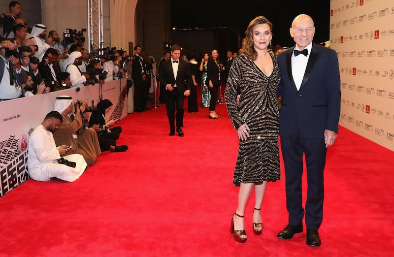 Sunny Ozell and Sir Patrick Stewart arrive on the red carpet. Vittorio Zunino Celotto / Getty.
