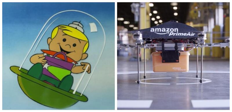 Drones: Jetson kids Judy and Elroy were dropped off at school every day in their own personal flying pods. These days we have drones which, although not quite yet carrying people, are used to deliver parcels and in filmmaking. Courtesy: Amazon, Hanna-Barbera Productions