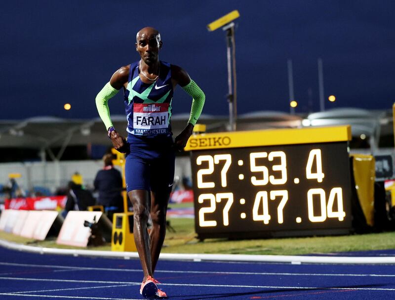 Britain's Mo Farah reacts after the men's 10,000m in Manchester. Action Images