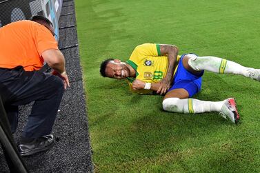 Sep 6, 2019; Miami Gardens, FL, USA; Brazil forward Neymar (10) reacts after colliding with a security officer during an international friendly soccer match against Colombia at Hard Rock Stadium. Mandatory Credit: Steve Mitchell-USA TODAY Sports