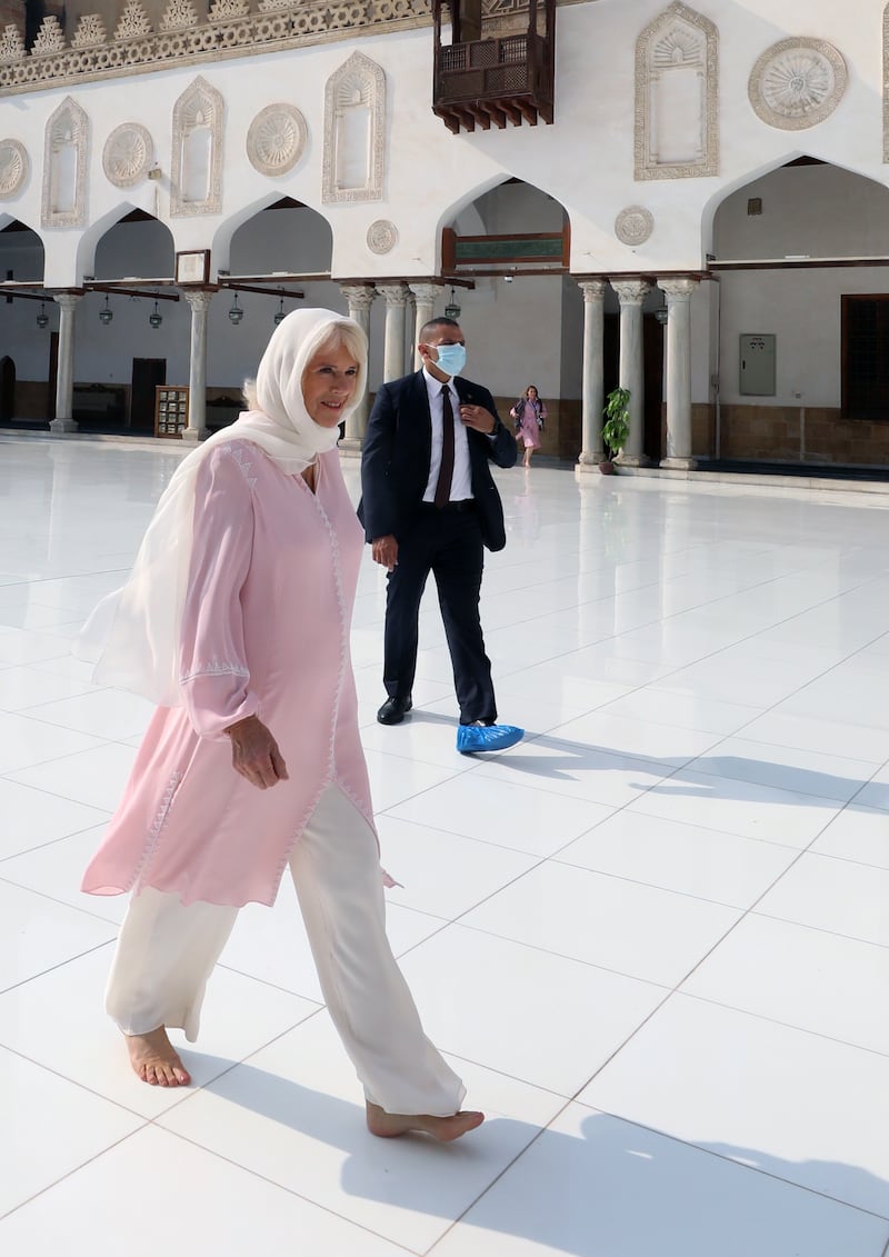 To visit the Al-Azhar Mosque in Cairo, Camilla, Duchess of Sussex, added a white head scarf to her Anna Valentine look. EPA