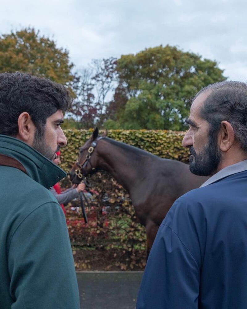 Sheikh Hamdan, Crown Prince of Dubai, and Sheikh Mohammed bin Rashid, Vice President and Ruler of Dubai, at the stables. All photos: Faz 3 / Instagram