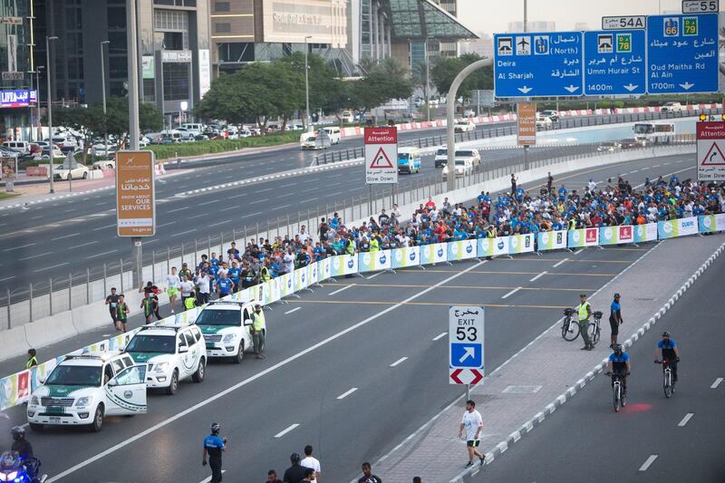 Dubai, United Arab Emirates - Participants starting to run at the Dubai 30x30 Run at Sheikh Zayed Road.  Leslie Pableo for The National